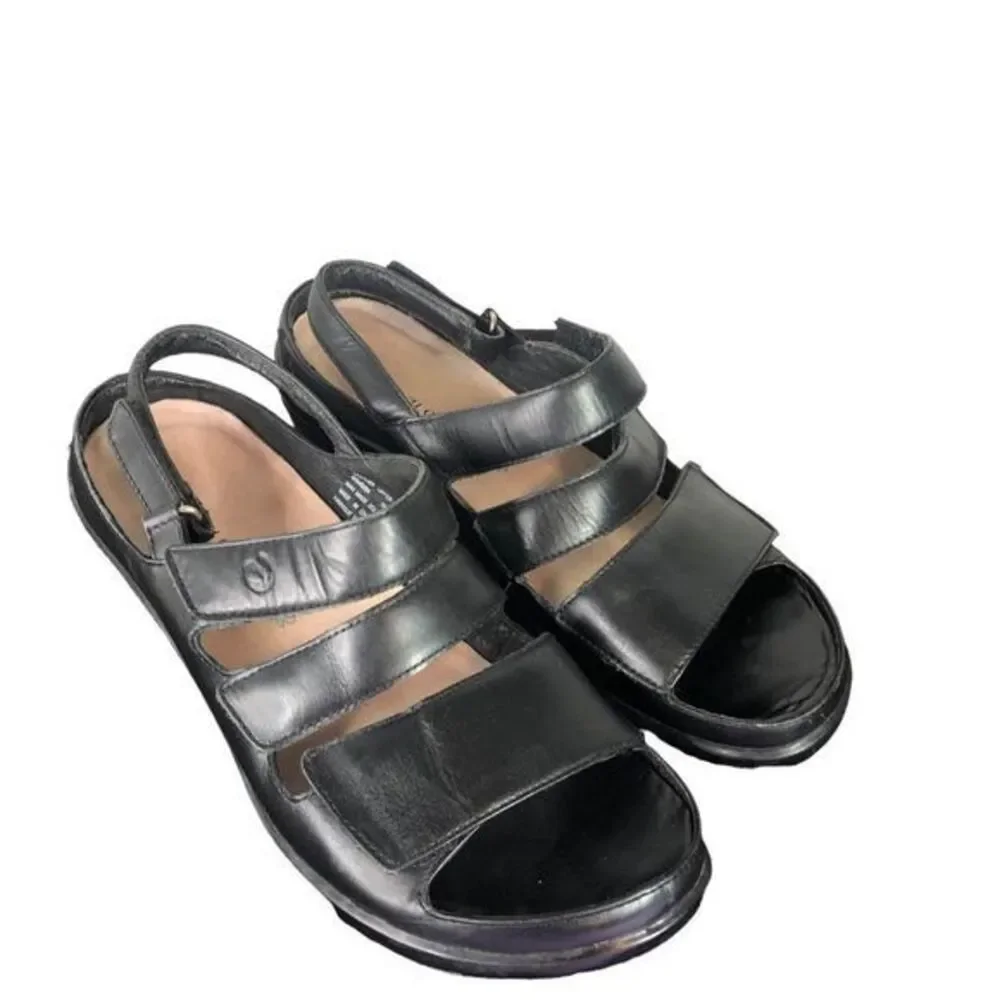 Aravon Megan Sandals Women’s 7B Comfort Adjustable Heeled Black Leather‎ Strap